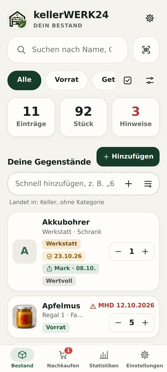 Bestandsliste von kellerWERK24 auf dem Handy