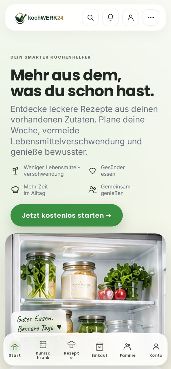 Startseite von kochWERK24 auf dem Handy