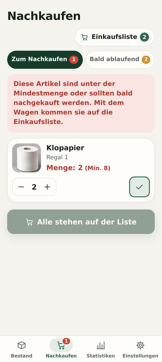 Nachkaufen: Klopapier liegt unter der Mindestmenge, mit Knopf für die Einkaufsliste.